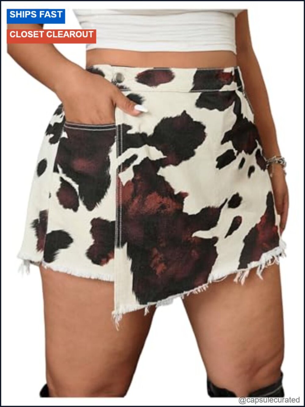 Plus Size Cow Print Denim Skorts High Waisted Wrap Asymmetrical Raw Hem Skirt